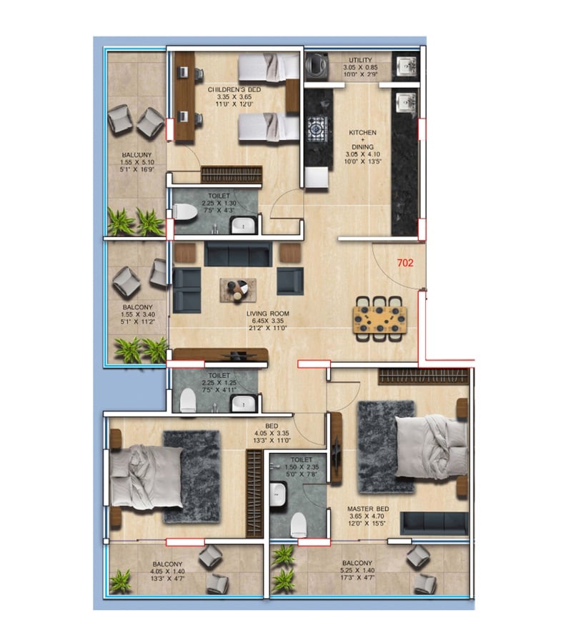 Floor plan of 3 BHK 1380 Sq. Ft. Apartment in PRM Saavan, Pune