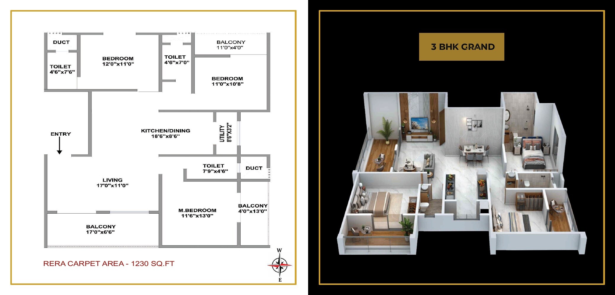 Floor plan of 3 BHK Apartment - 1230 sq. ft. in Pro Prime Nest, Pune