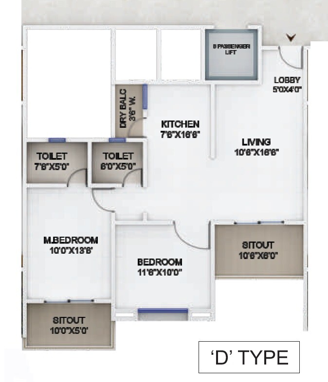 Floor plan of 2 BHK 833 Sq. Ft. Apartment in Probha Oasis, Pune