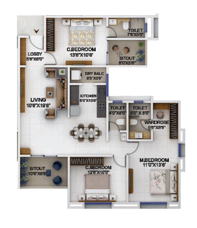 Floor plan of 3 BHK 1118 Sq. Ft. Apartment in Probha Oasis, Pune
