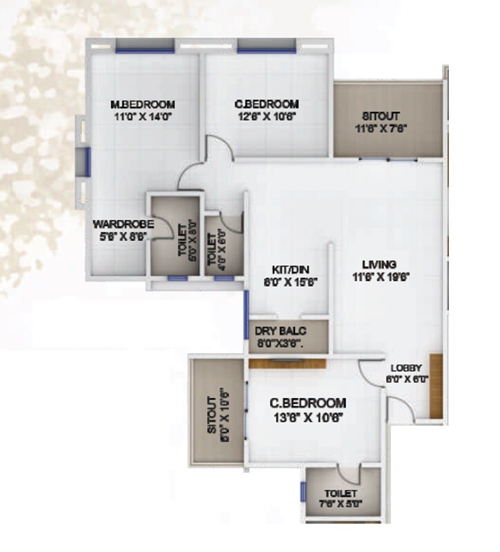 Floor plan of 3 BHK 1215 Sq. Ft. Apartment in Probha Oasis, Pune
