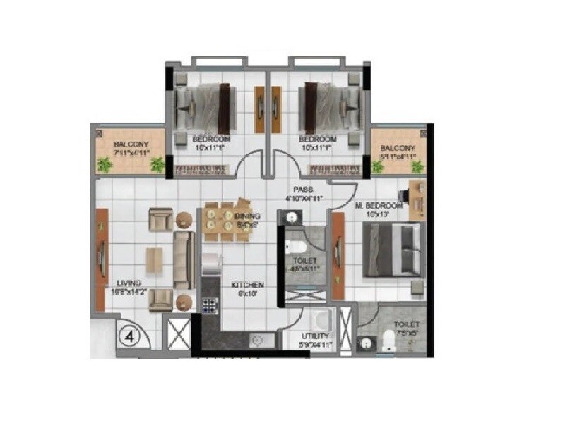 3 BHK 882 Sq. Ft. Apartment