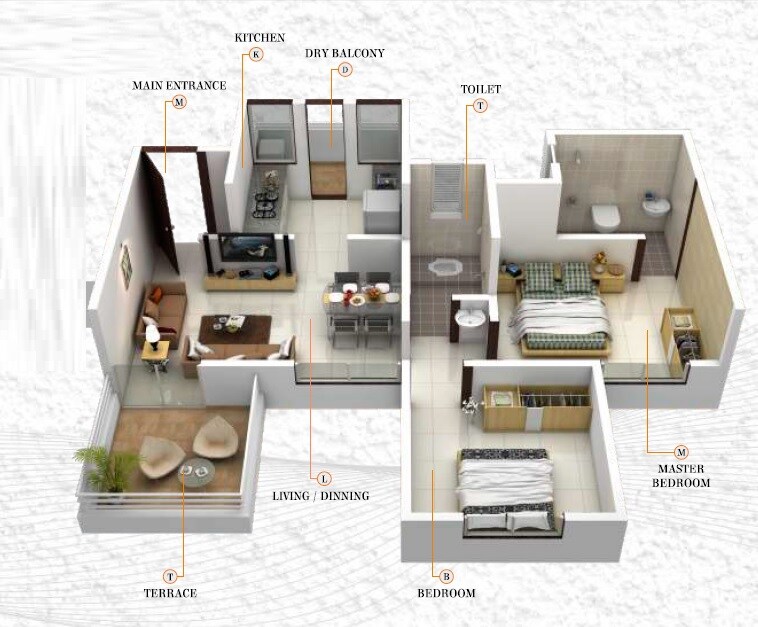 Floor plan of 2 BHK 704 Sq. Ft. Apartment in Pruthvi Misty Greens, Pune