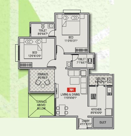Floor plan of 2 BHK 828 Sq. Ft. Apartment in Pruthvi Misty Greens, Pune