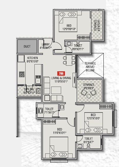 Floor plan of 3 BHK 1049 Sq. Ft. Apartment in Pruthvi Misty Greens, Pune