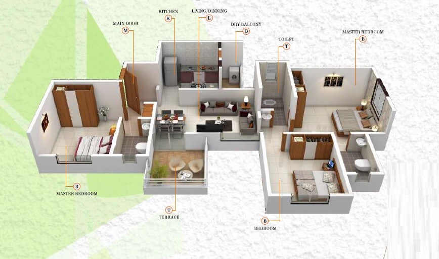 Floor plan of 3 BHK 931 Sq. Ft. Apartment in Pruthvi Misty Greens, Pune