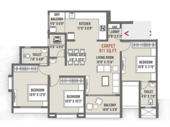 3 BHK 911 Sq. Ft. Apartment