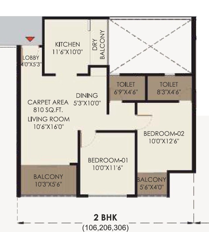 Floor plan of 2 BHK 810 Sq. Ft. Apartment in Pruthvi Vastu Imperia, Pune