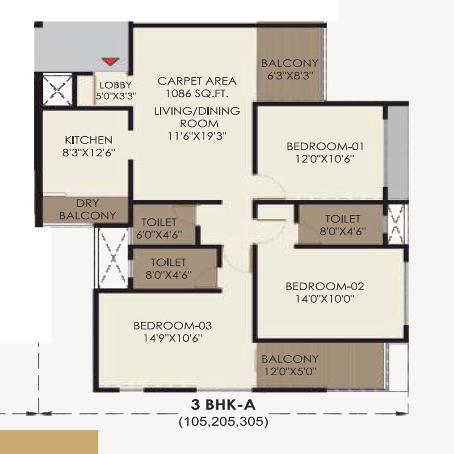 Floor plan of 3 BHK 1086 Sq. Ft. Apartment in Pruthvi Vastu Imperia, Pune