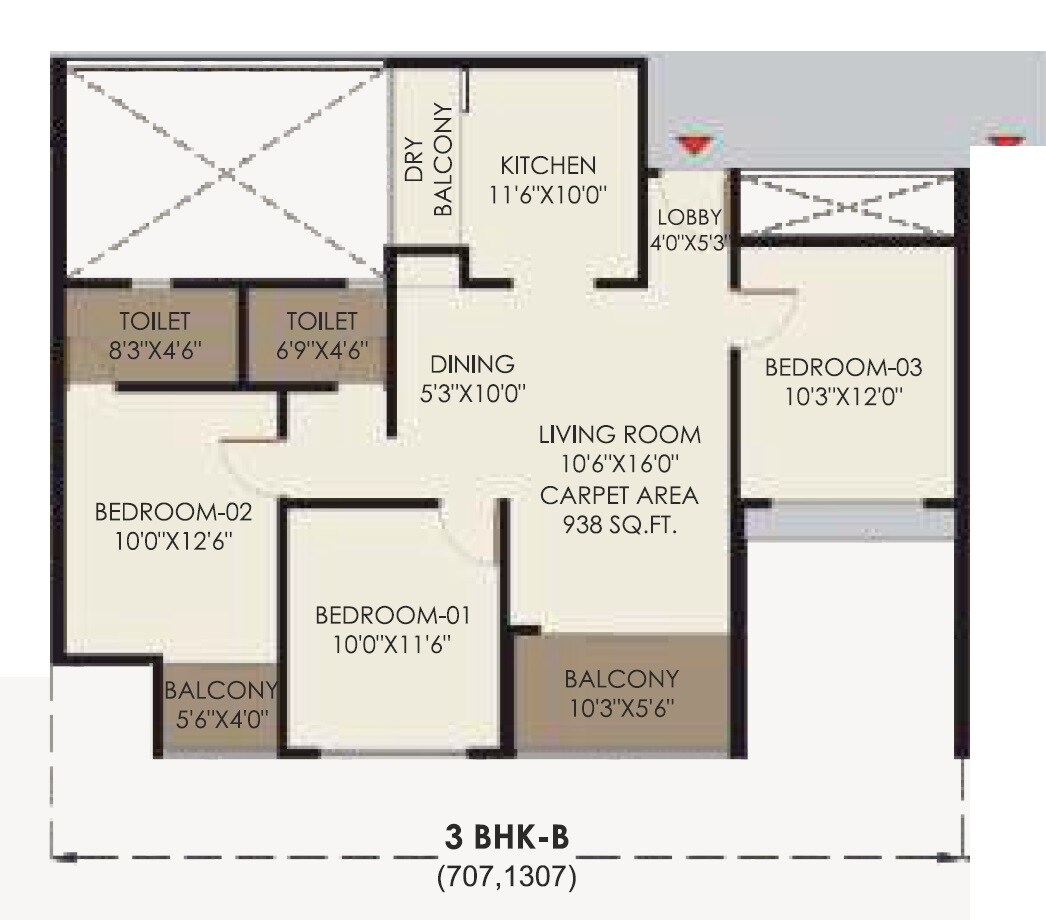Floor plan of 3 BHK 938 Sq. Ft. Apartment in Pruthvi Vastu Imperia, Pune