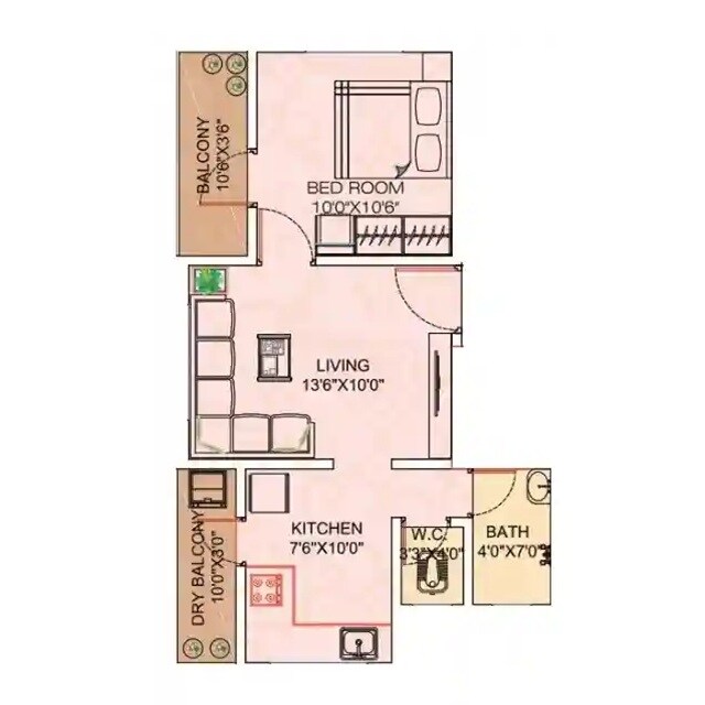 Floor plan of 1 BHK 320 Sq. Ft. Apartment in Pruthviraj Swami Shrushti, Pune