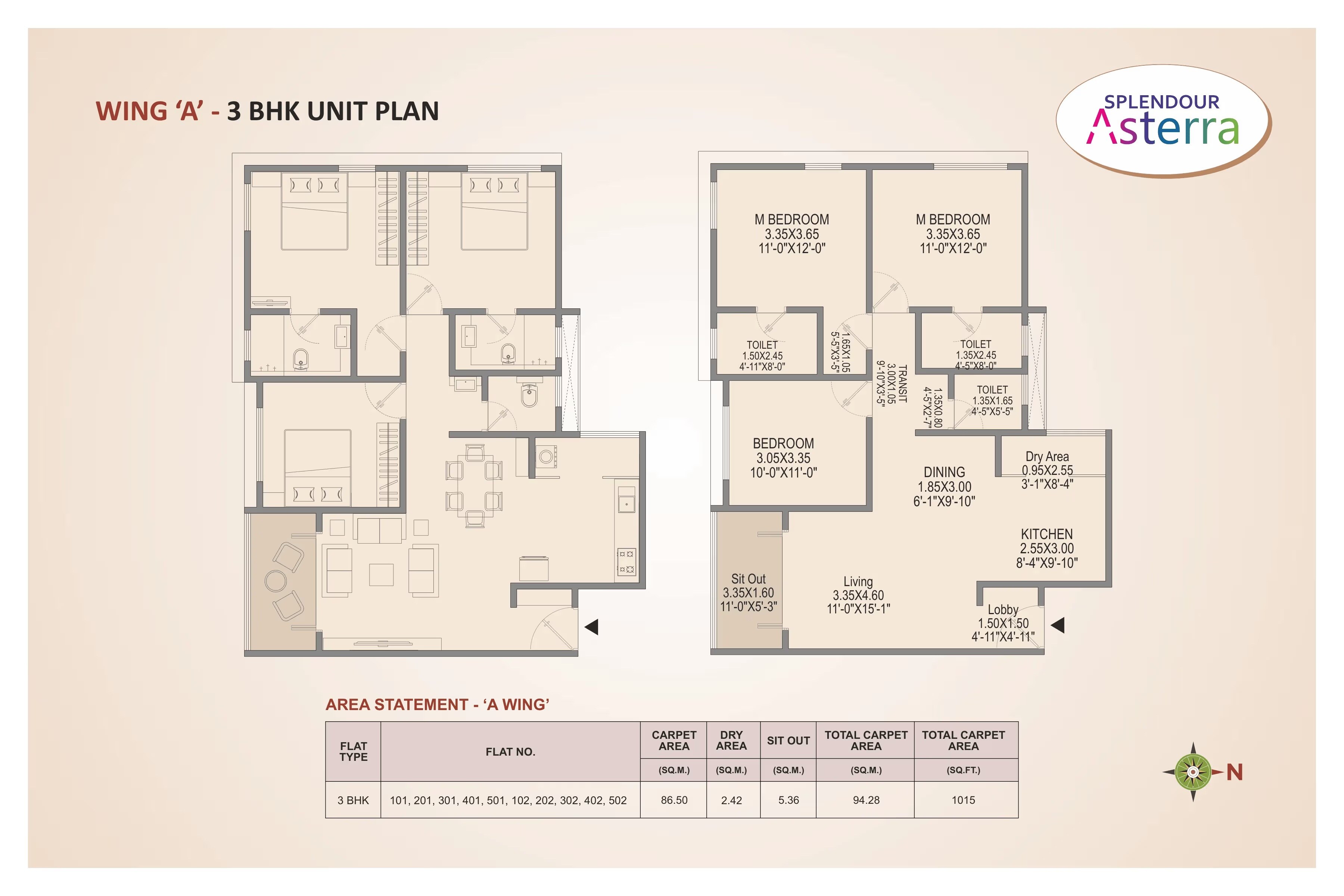 Floor plan of 3 BHK 1015 Sq. Ft. Apartment in PS Splendour Asterra, Pune