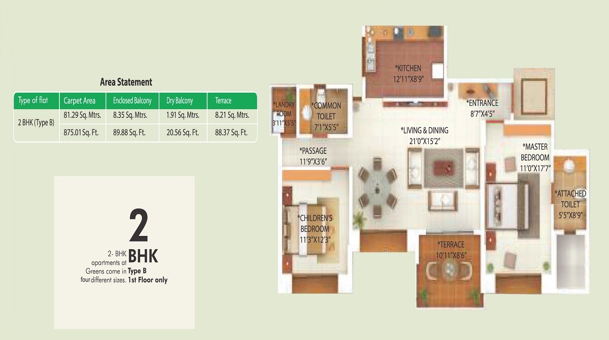 Floor plan of 2 BHK 875 Sq. Ft. Apartment in G Corp Greens Apartment, Pune