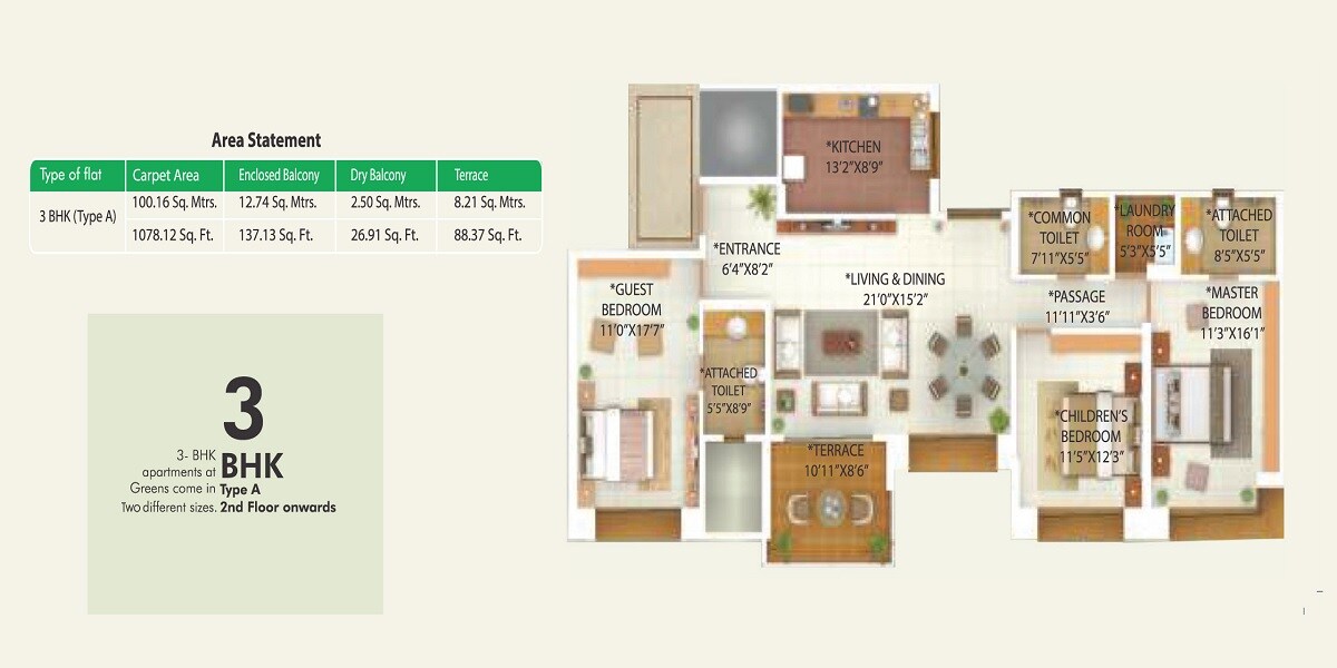 Floor plan of 3 BHK 1078 Sq. Ft. Apartment in G Corp Greens Apartment, Pune