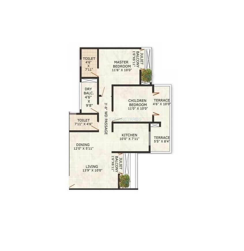 Floor plan of 3 BHK 598 Sq. Ft. Apartment in Puranik Abitante, Pune
