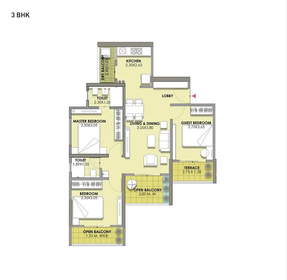 Floor plan of 3 BHK 908 Sq. Ft. Apartment in Puranik Abitante, Pune