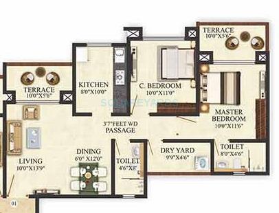 Floor plan of 2 BHK 799 Sq. Ft. Apartment in Puranik Aldea Annexo, Pune