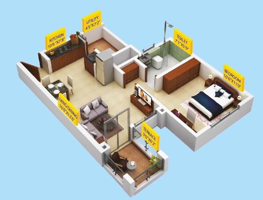 Floor plan of 1 BHK 359 Sq. Ft. Apartment in Puravankara Silversands, Pune