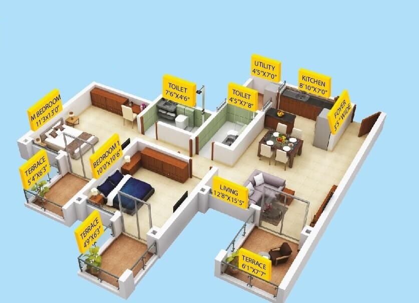 Floor plan of 2 BHK 640 Sq. Ft. Apartment in Puravankara Silversands, Pune