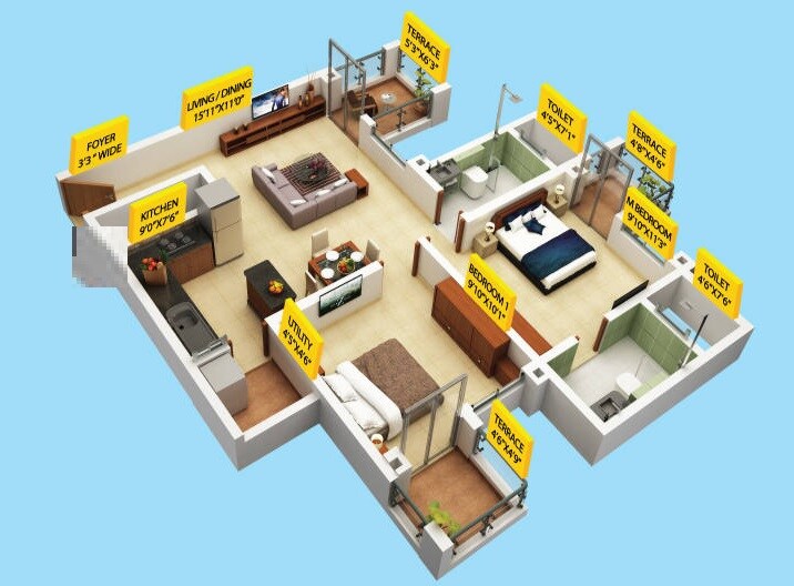 Floor plan of 2 BHK 715 Sq. Ft. Apartment in Puravankara Silversands, Pune