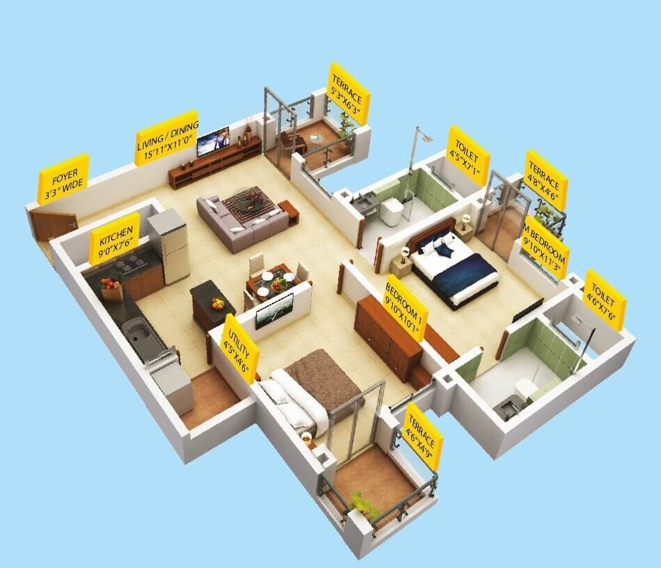 Floor plan of 2 BHK 529 Sq. Ft. Apartment in Puravankara Silversands, Pune