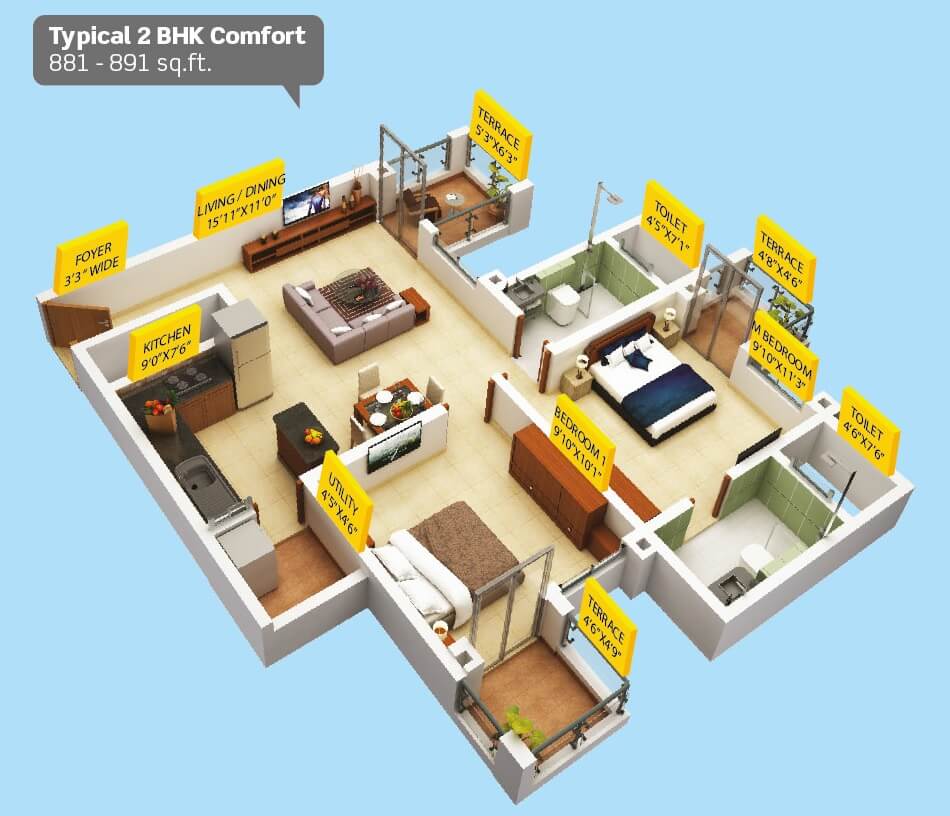 Floor plan of 2 BHK 703 Sq. Ft. Apartment in Puravankara Silversands, Pune