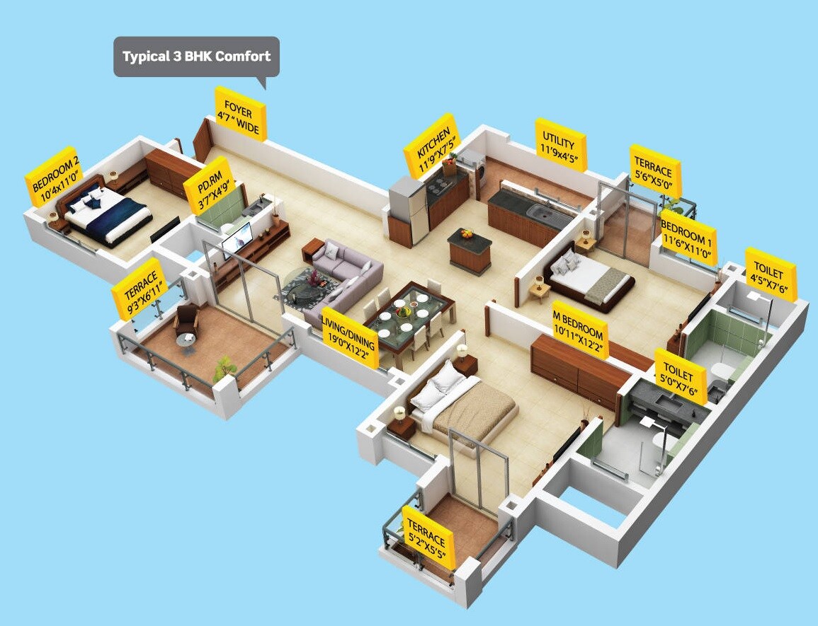 Floor plan of 3 BHK 835 Sq. Ft. Apartment in Puravankara Silversands, Pune