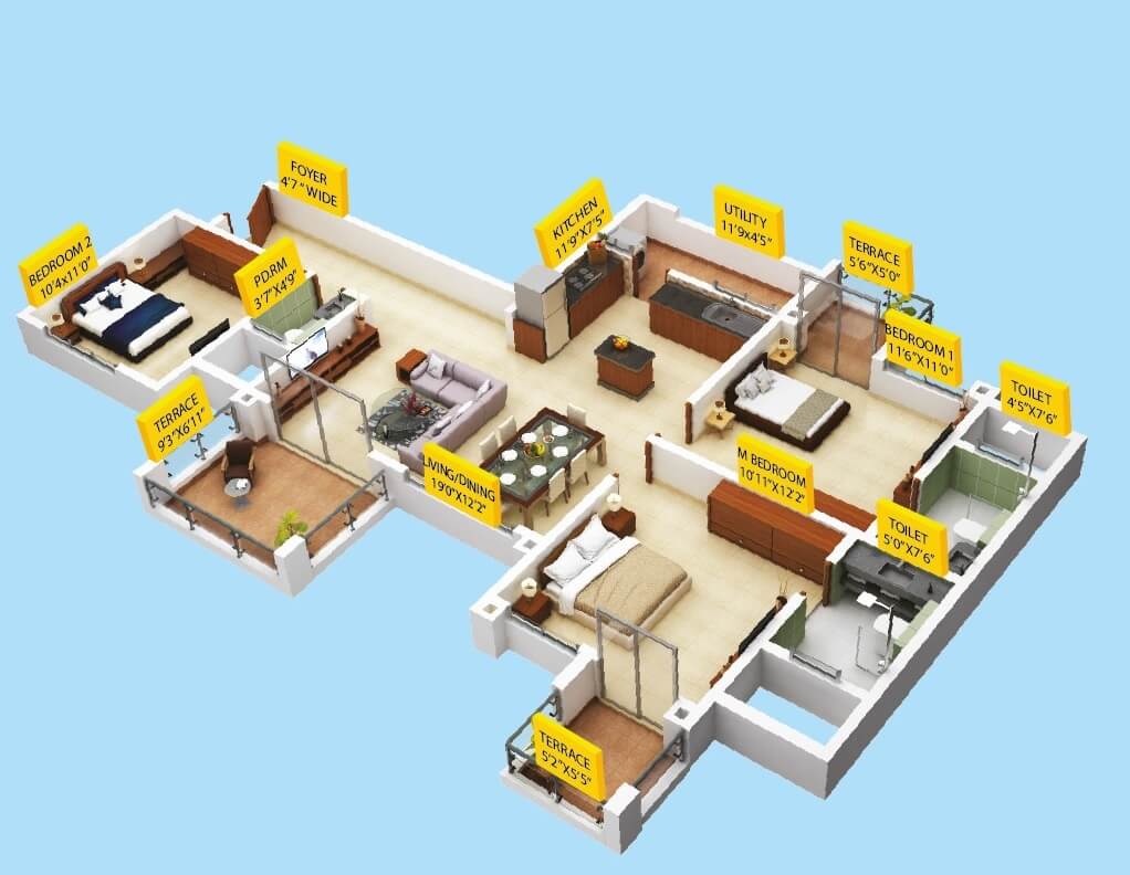 Floor plan of 3 BHK 817 Sq. Ft. Apartment in Puravankara Silversands, Pune