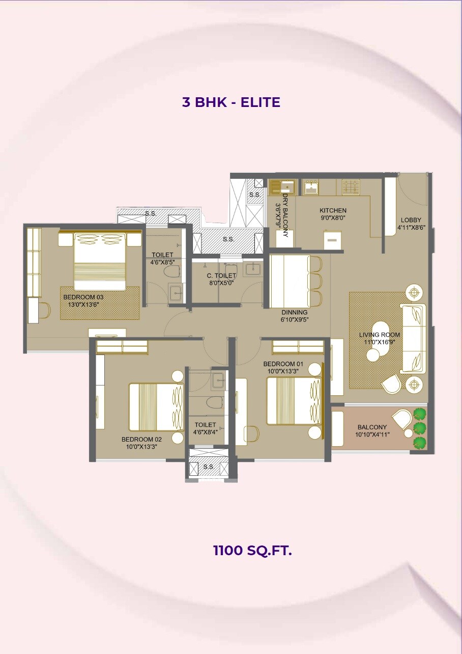 3 BHK 1100 Sq. Ft. Apartment