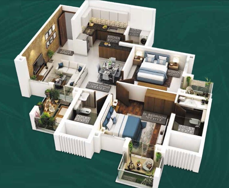Floor plan of 2 BHK 840 Sq. Ft. Apartment in Purvankara Emerald Bay, Pune