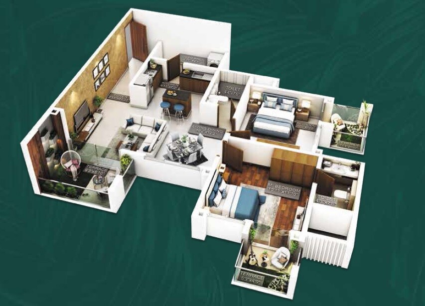 Floor plan of 2 BHK 669 Sq. Ft. Apartment in Purvankara Emerald Bay, Pune