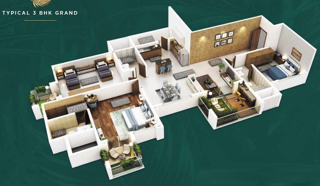 Floor plan of 3 BHK 1062 Sq. Ft. Apartment in Purvankara Emerald Bay, Pune