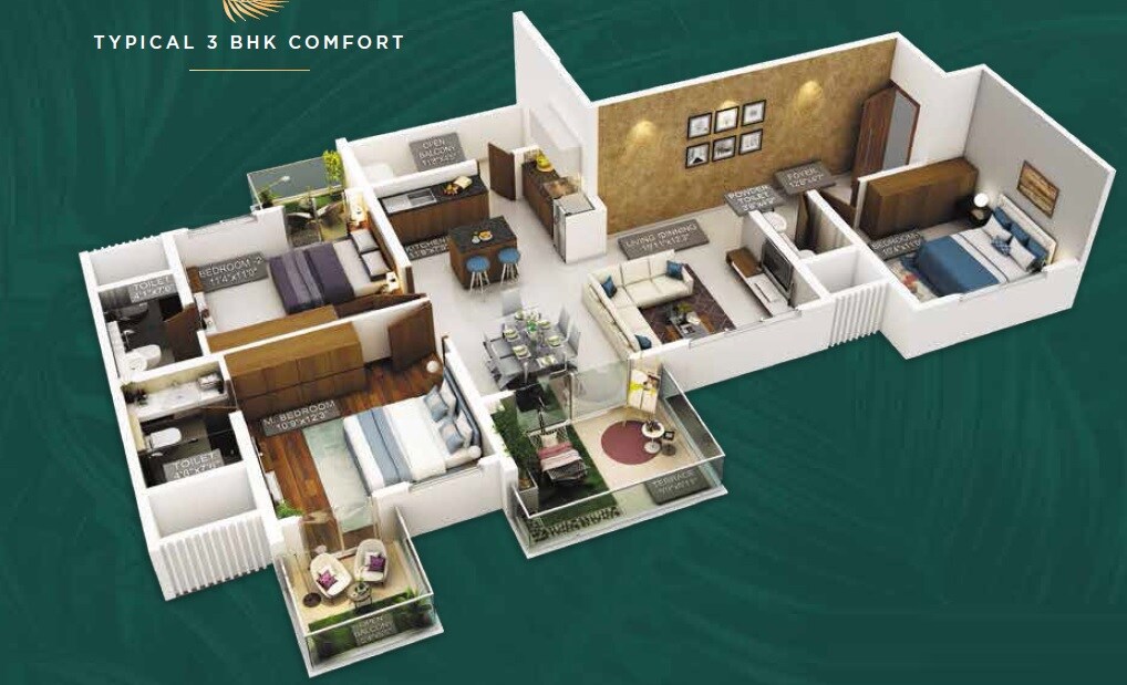 Floor plan of 3 BHK 1075 Sq. Ft. Apartment in Purvankara Emerald Bay, Pune