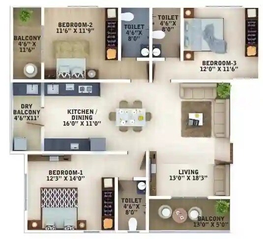 Floor plan of 3 BHK 879 Sq. Ft. Apartment in Pushpa Elina, Pune