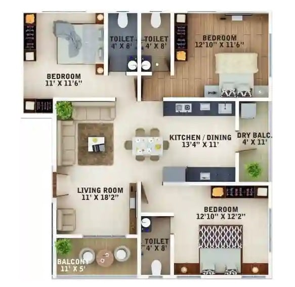 Floor plan of 3 BHK 910 Sq. Ft. Apartment in Pushpa Elina, Pune