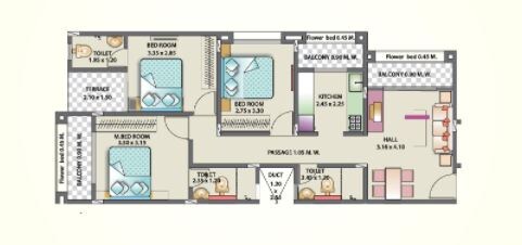 Floor plan of 3 BHK 714 Sq. Ft. Apartment in Pushpendra City Mahalakshmi Presidency, Pune