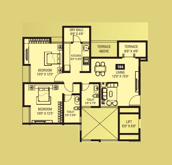 Floor plan of 2 BHK 847 Sq. Ft. Apartment in Pushpganga Pooja Enclave, Pune