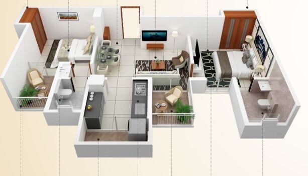 Floor plan of 2 BHK 667 Sq. Ft. Apartment in Pyramid Atlante, Pune