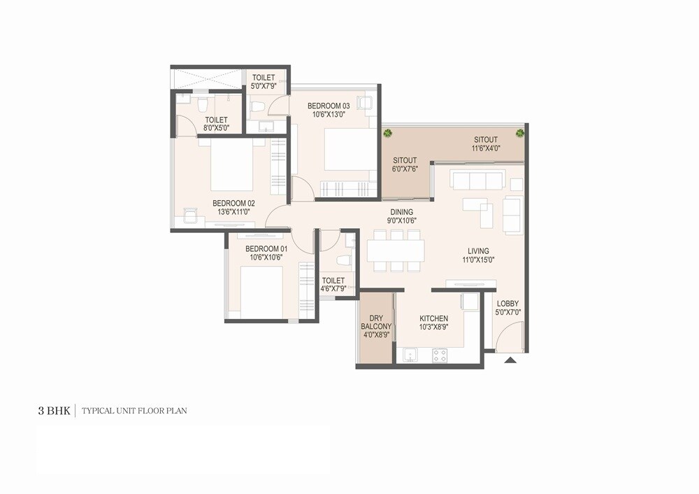Floor plan of 3 BHK 1070 Sq. Ft. Apartment in Pyramid Atlante, Pune