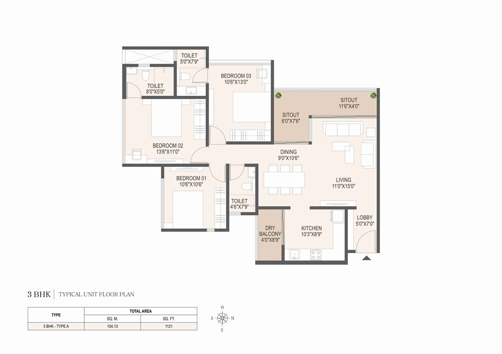 3 BHK 1121 Sq. Ft. Apartment