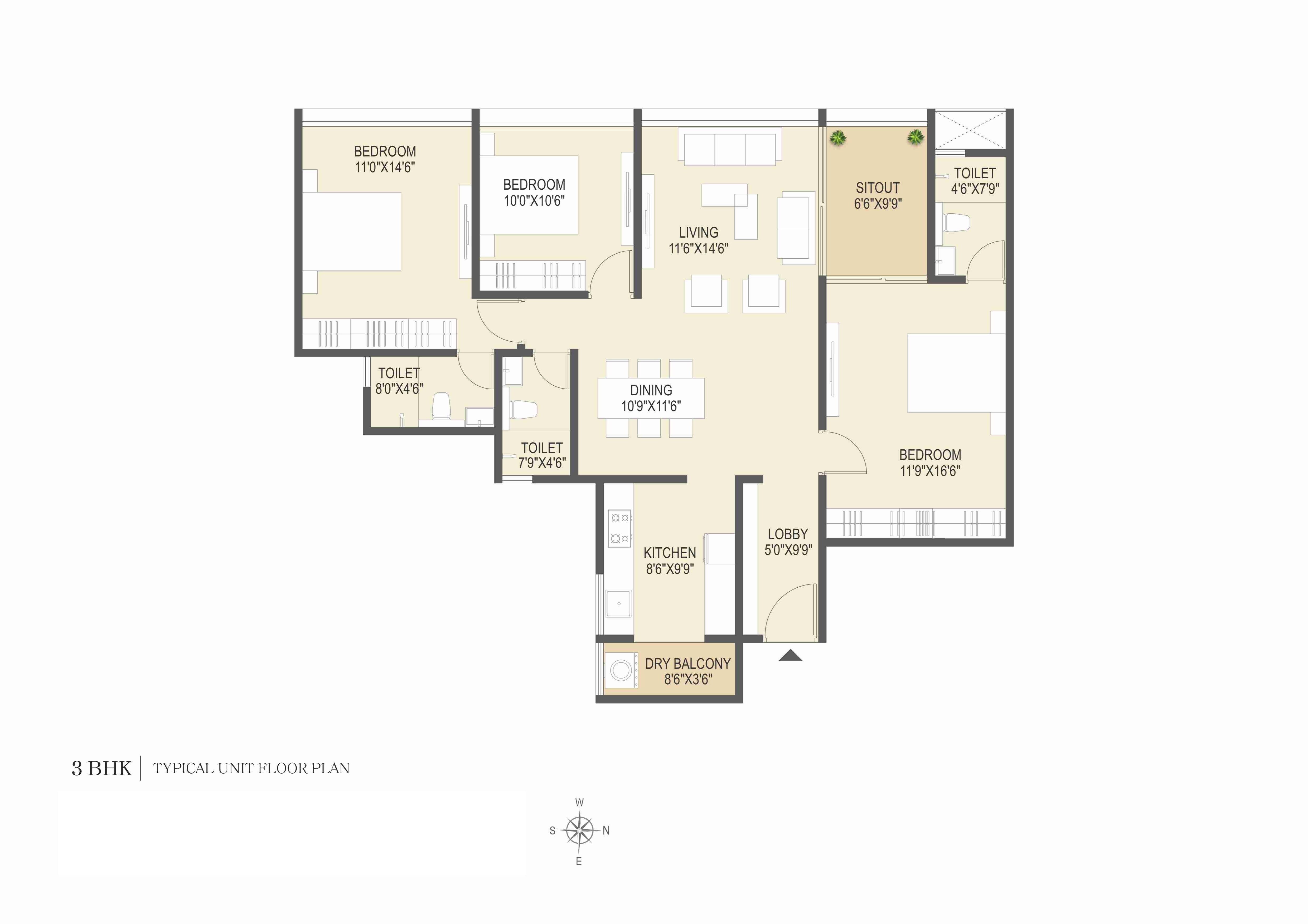 Floor plan of 3 BHK 1190 Sq. Ft. Apartment in Pyramid Atlante, Pune