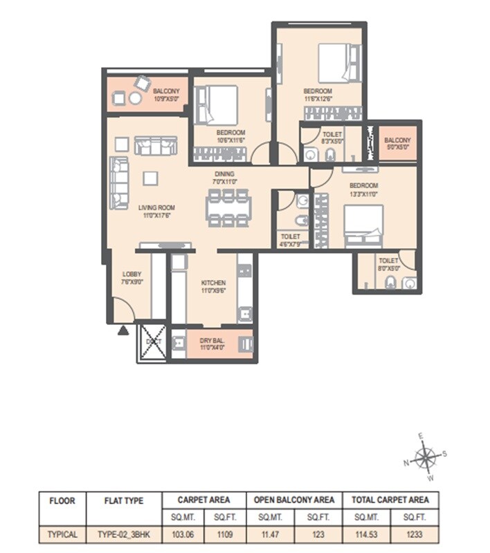 Floor plan of 3 BHK 1233 Sq. Ft. Apartment in Pyramid Crown 8, Pune