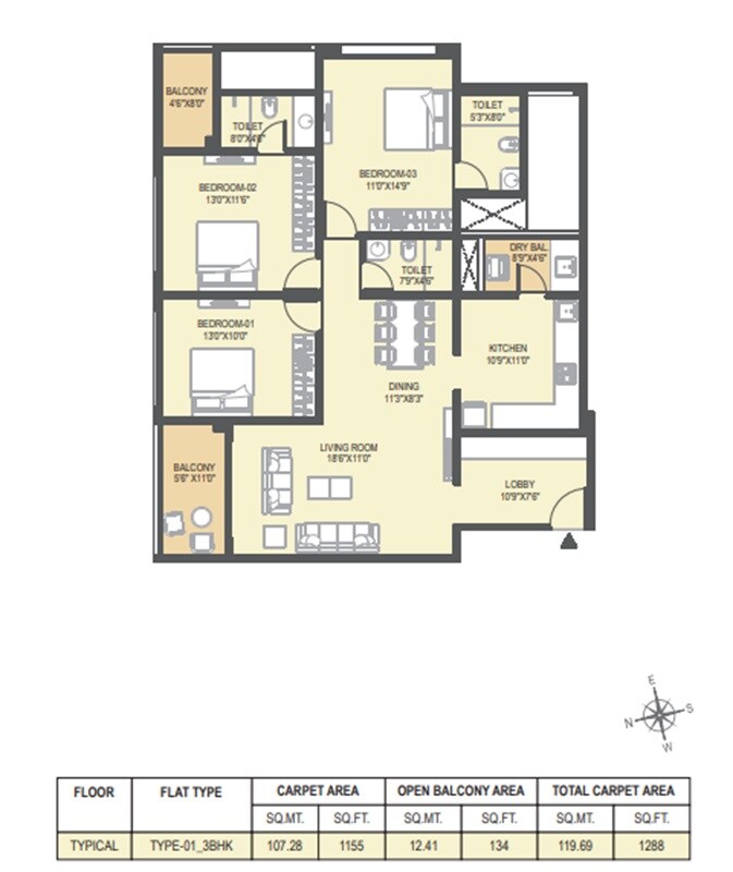 Floor plan of 3 BHK 1288 Sq. Ft. Apartment in Pyramid Crown 8, Pune