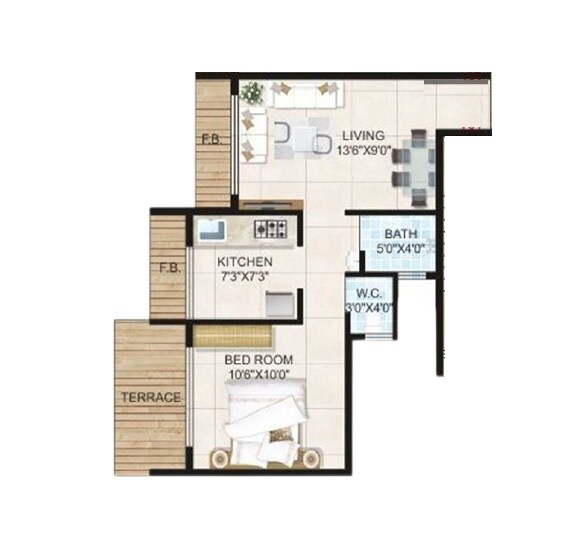 Floor plan of 1 BHK 357 Sq. Ft. Apartment in R Square Hridaan Heights, Pune