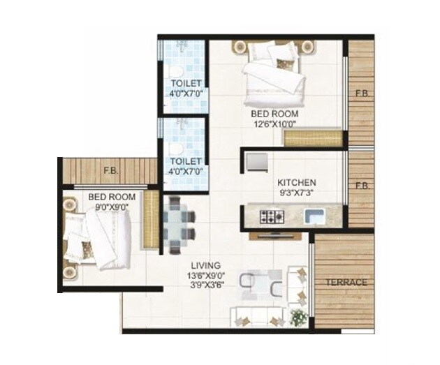 Floor plan of 2 BHK 600 Sq. Ft. Apartment in R Square Hridaan Heights, Pune