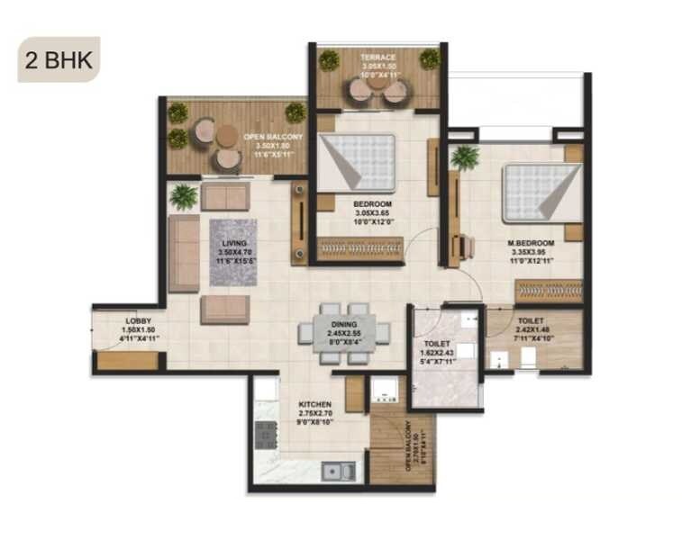 Floor plan of 2 BHK 948 Sq. Ft. Apartment in Rachana Bella Casa, Pune