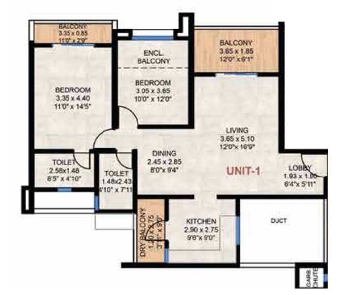 Floor plan of 2 BHK 968 Sq. Ft. Apartment in Rachana Bella Casa, Pune