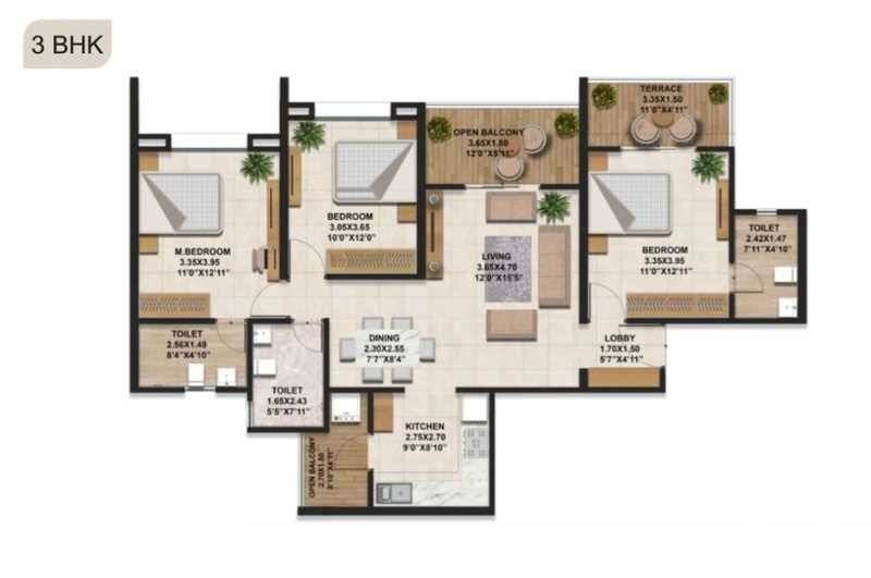 Floor plan of 3 BHK 1166 Sq. Ft. Apartment in Rachana Bella Casa, Pune