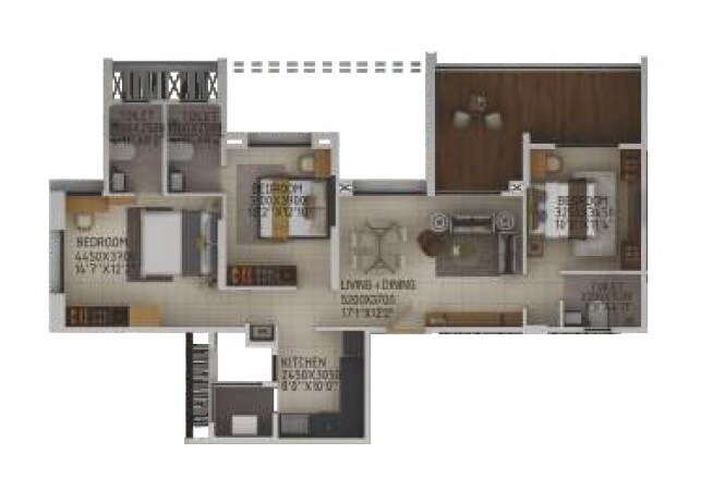 Floor plan of 3 BHK 1080 Sq. Ft. Apartment in Rachana Beverly Hills, Pune
