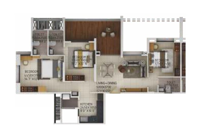 Floor plan of 3 BHK 1294 Sq. Ft. Apartment in Rachana Beverly Hills, Pune